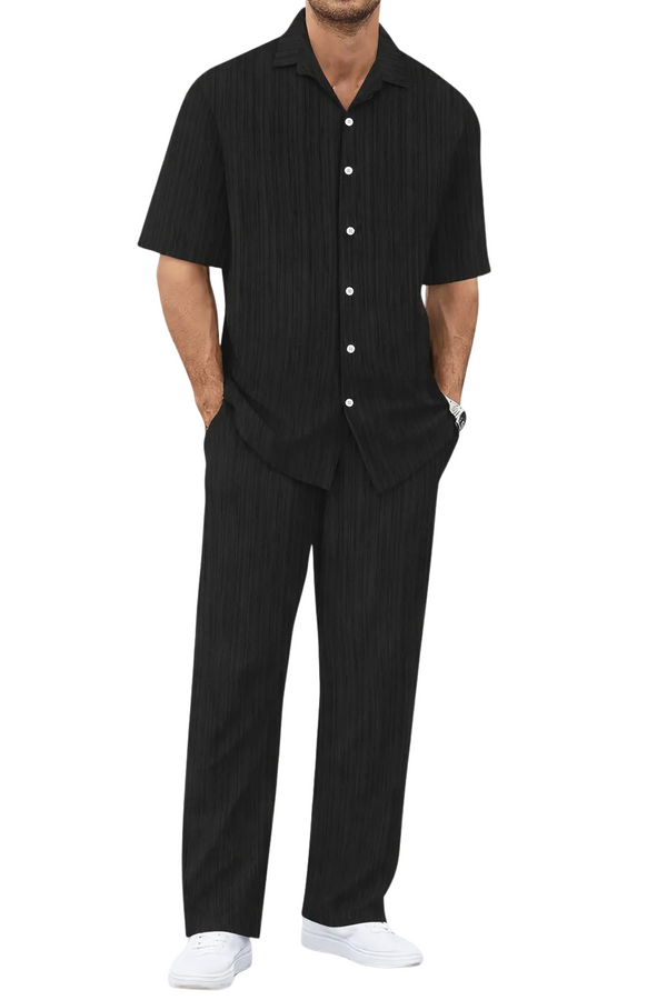 Men's Textured Vertical Stripe Short Sleeve Camp Collar Button Front Shirt and Straight Leg Trousers Co-Ord Set