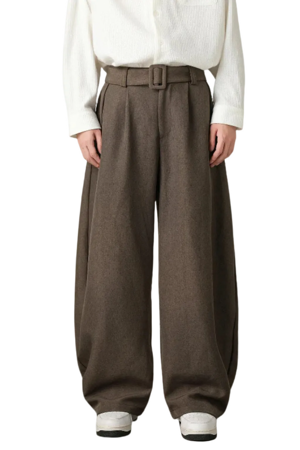 Men's Wool Blend High Waist Double Pleat Wide Leg Belted Straight Hem Trousers