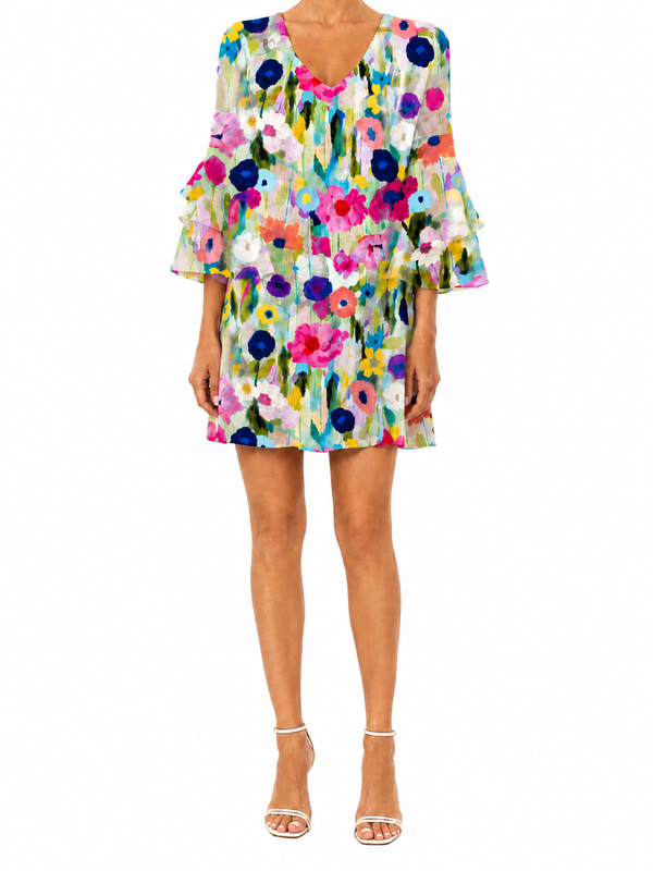 Women's Abstract Wildflower Meadow Print V-Neck Three-Quarter Tiered Ruffle Cuff Sleeve Relaxed Fit Mini Dress