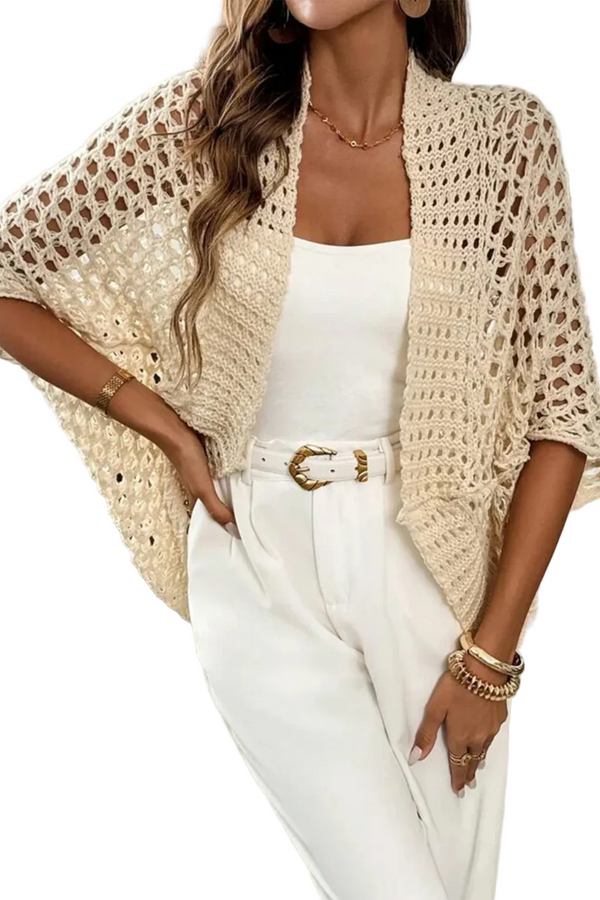 Women's Crochet Knit Open Front Wide Short Sleeve Cropped Layering Cardigan