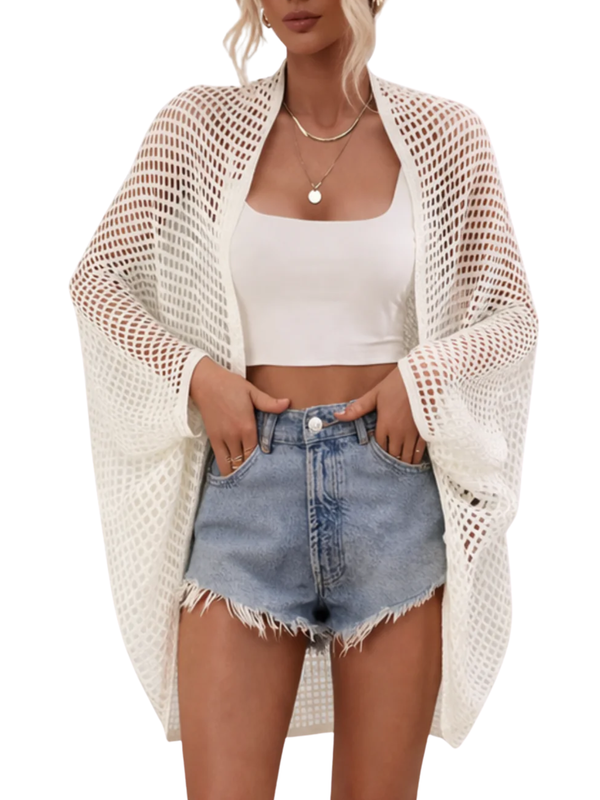 Women's Open Knit Grid Crochet Open Front Long Wide Batwing Sleeve Longline Cardigan Cover Up