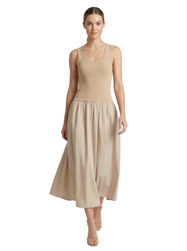 Women's Sleeveless Scoop Neck Ribbed Bodice Gathered Skirt Midi Dress