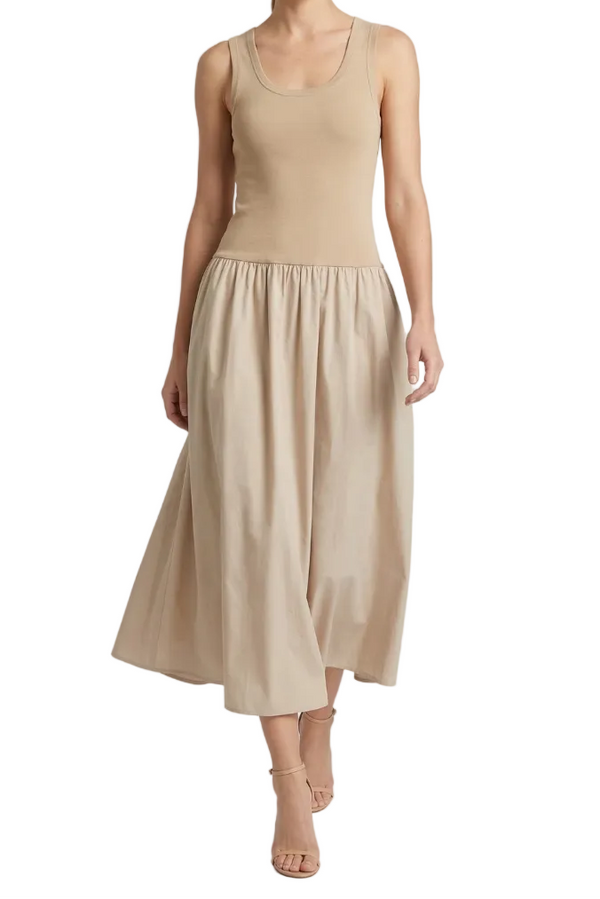 Women's Sleeveless Scoop Neck Ribbed Bodice Gathered Skirt Midi Dress