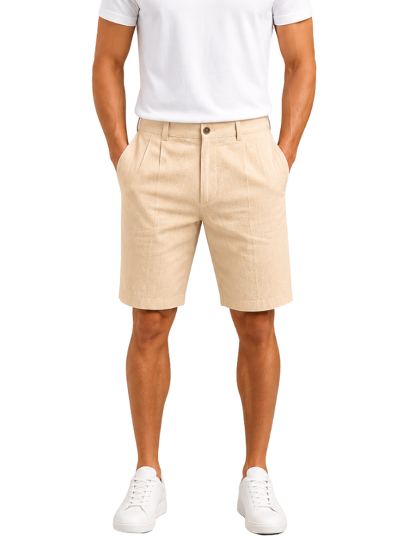 Men's Double Pleated Front Fitted Chino Shorts with Button Fly Belt Loops and Side Pockets