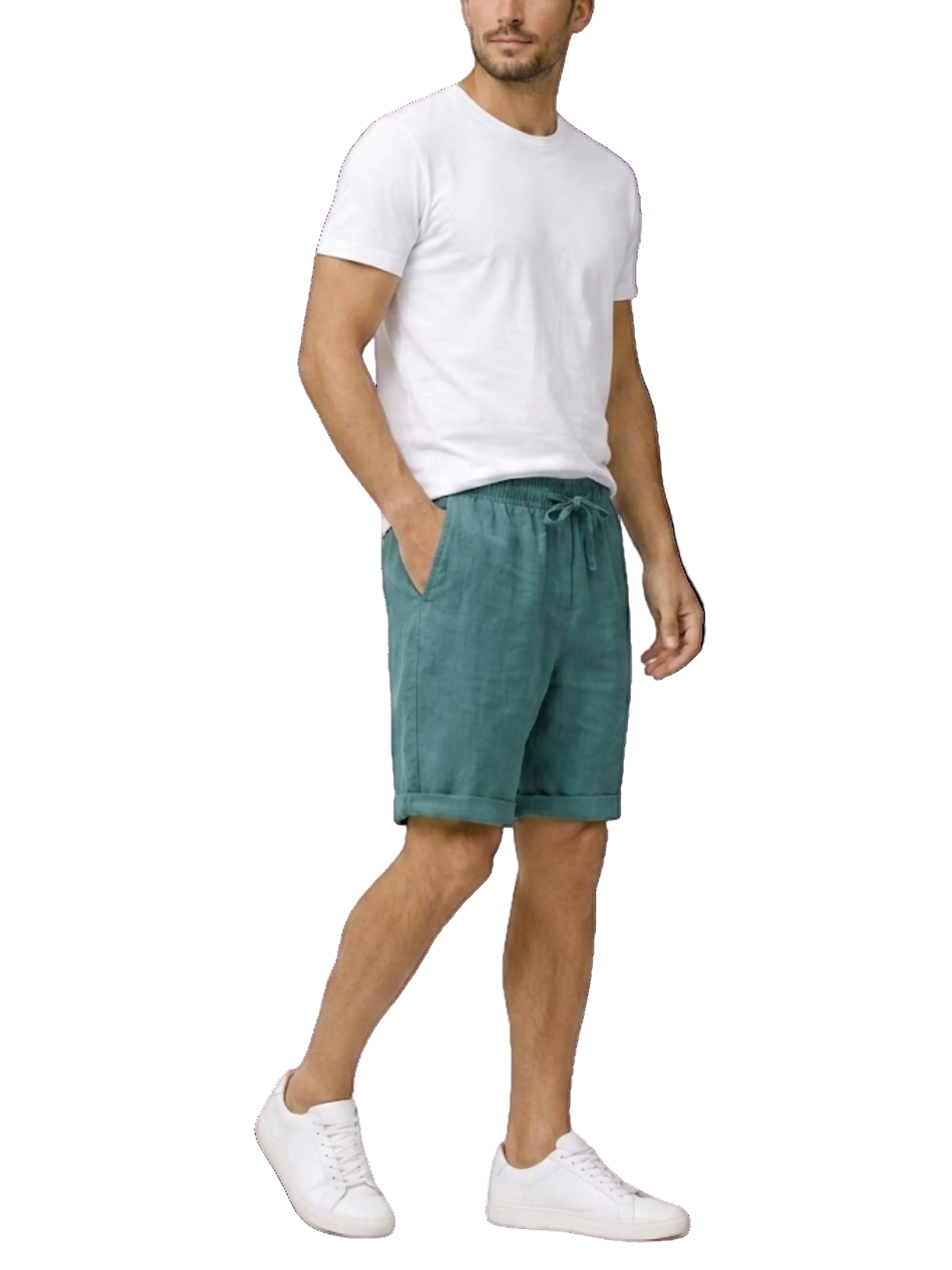 Men's Elasticated Drawstring Waist Pull-On Turn-Up Cuffed Hem Side Pocket Casual Shorts