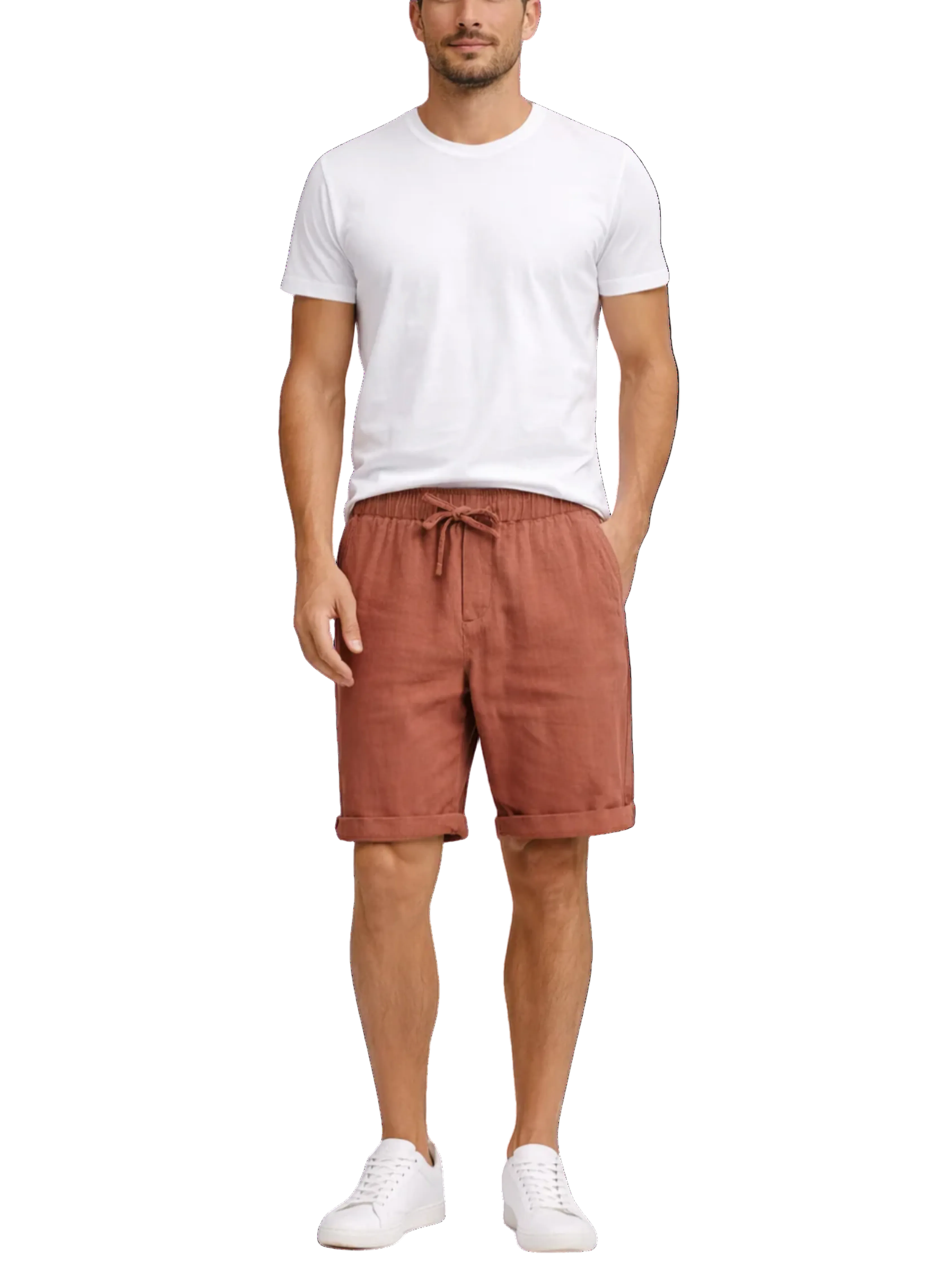 Men's Elasticated Drawstring Waist Pull-On Turn-Up Cuffed Hem Side Pocket Casual Shorts