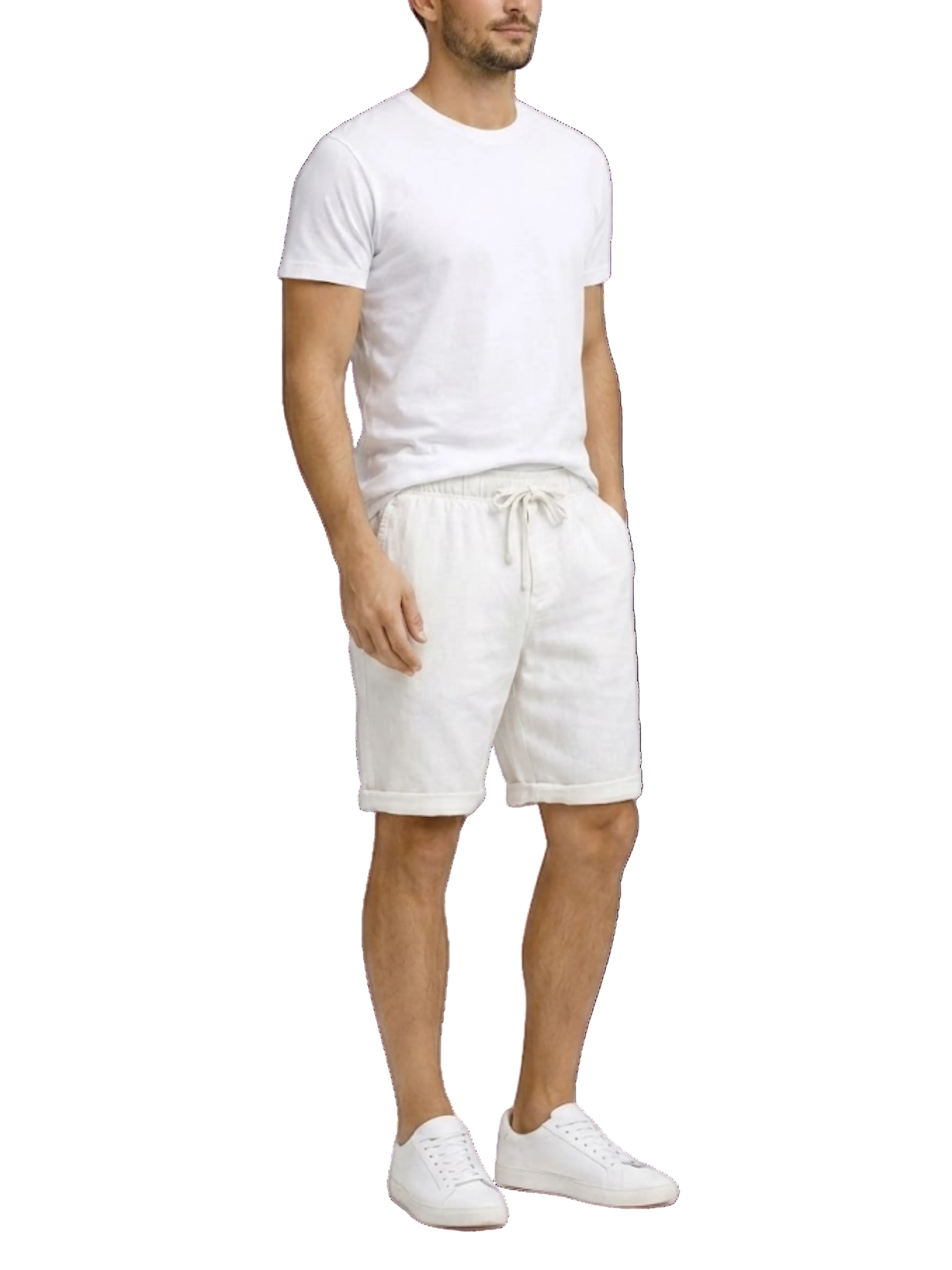 Men's Elasticated Drawstring Waist Pull-On Turn-Up Cuffed Hem Side Pocket Casual Shorts