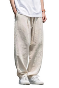 Men's Linen Blend Wide Leg Drawstring Elasticated Waist Front Seam Side Pocket Trousers