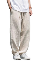 Men's Linen Blend Wide Leg Drawstring Elasticated Waist Front Seam Side Pocket Trousers