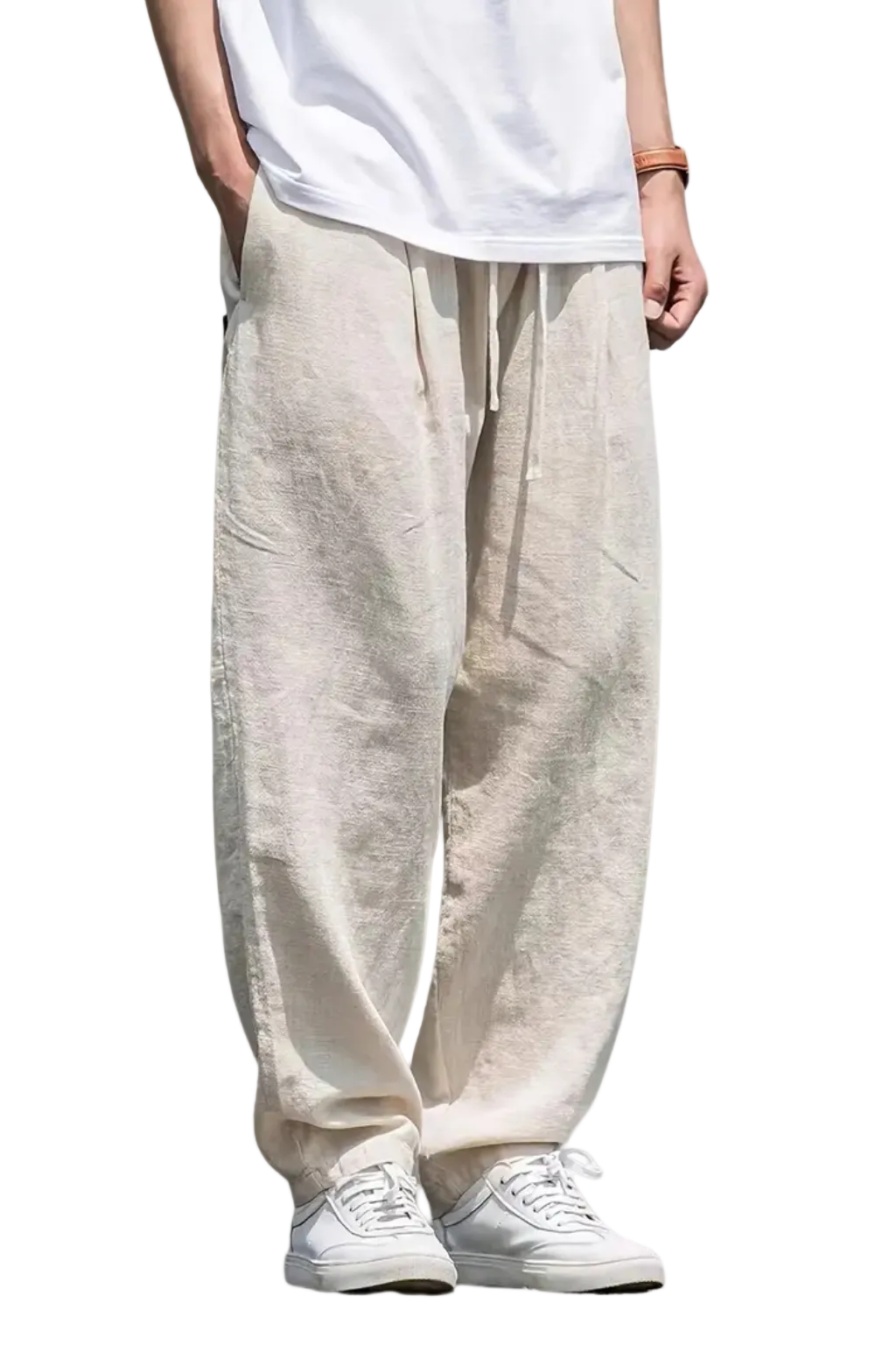 Men's Linen Blend Wide Leg Drawstring Elasticated Waist Front Seam Side Pocket Trousers
