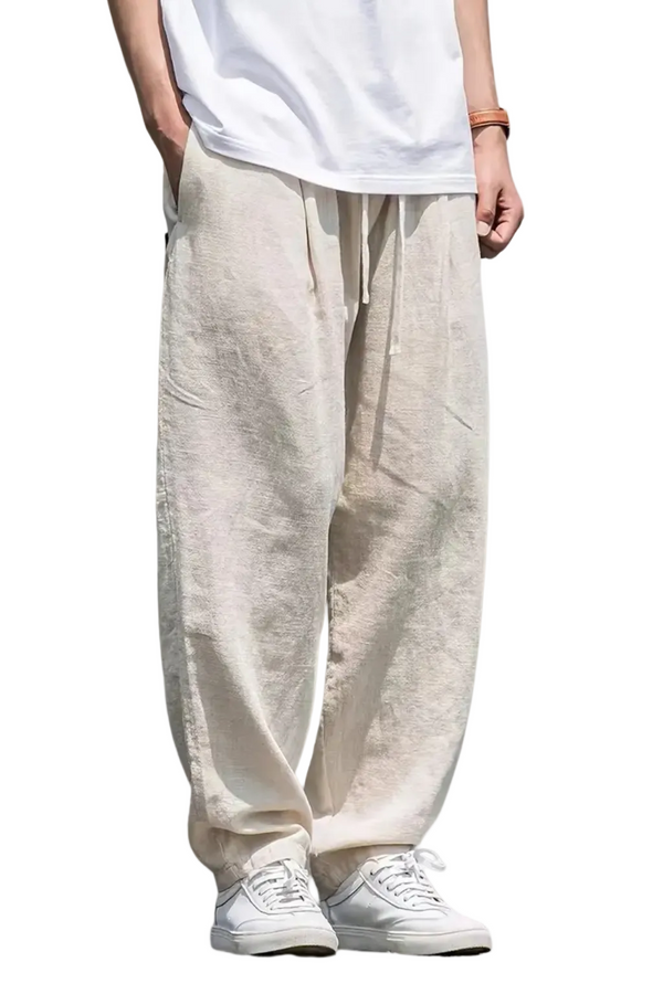 Men's Linen Blend Wide Leg Drawstring Elasticated Waist Front Seam Side Pocket Trousers