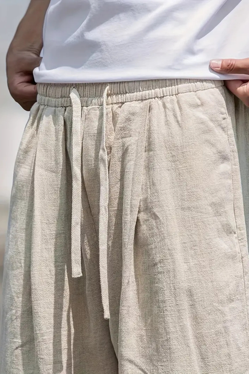 Men's Linen Blend Wide Leg Drawstring Elasticated Waist Front Seam Side Pocket Trousers