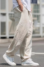 Men's Linen Blend Wide Leg Drawstring Elasticated Waist Front Seam Side Pocket Trousers