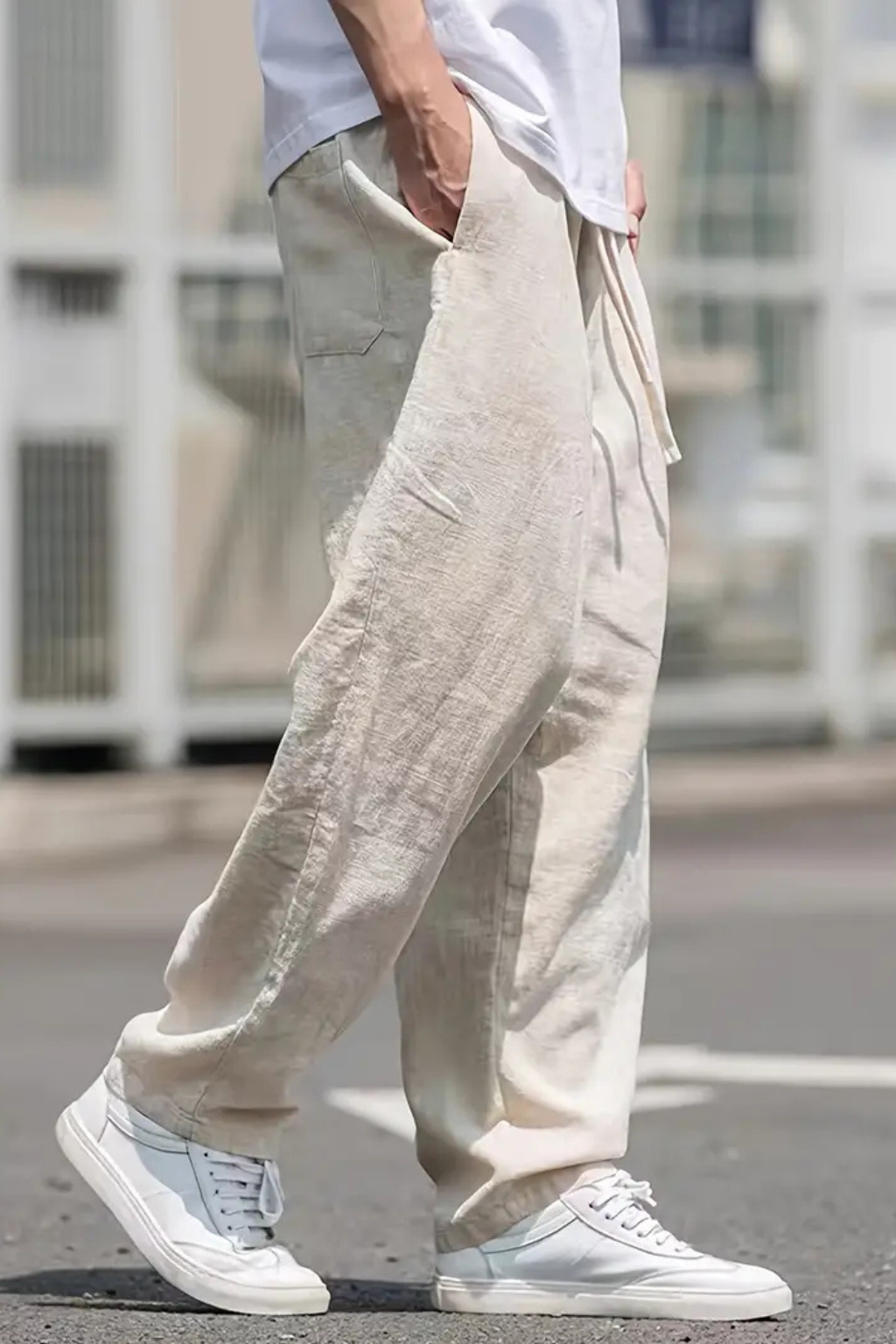 Men's Linen Blend Wide Leg Drawstring Elasticated Waist Front Seam Side Pocket Trousers