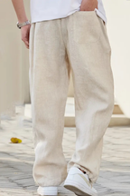 Men's Linen Blend Wide Leg Drawstring Elasticated Waist Front Seam Side Pocket Trousers