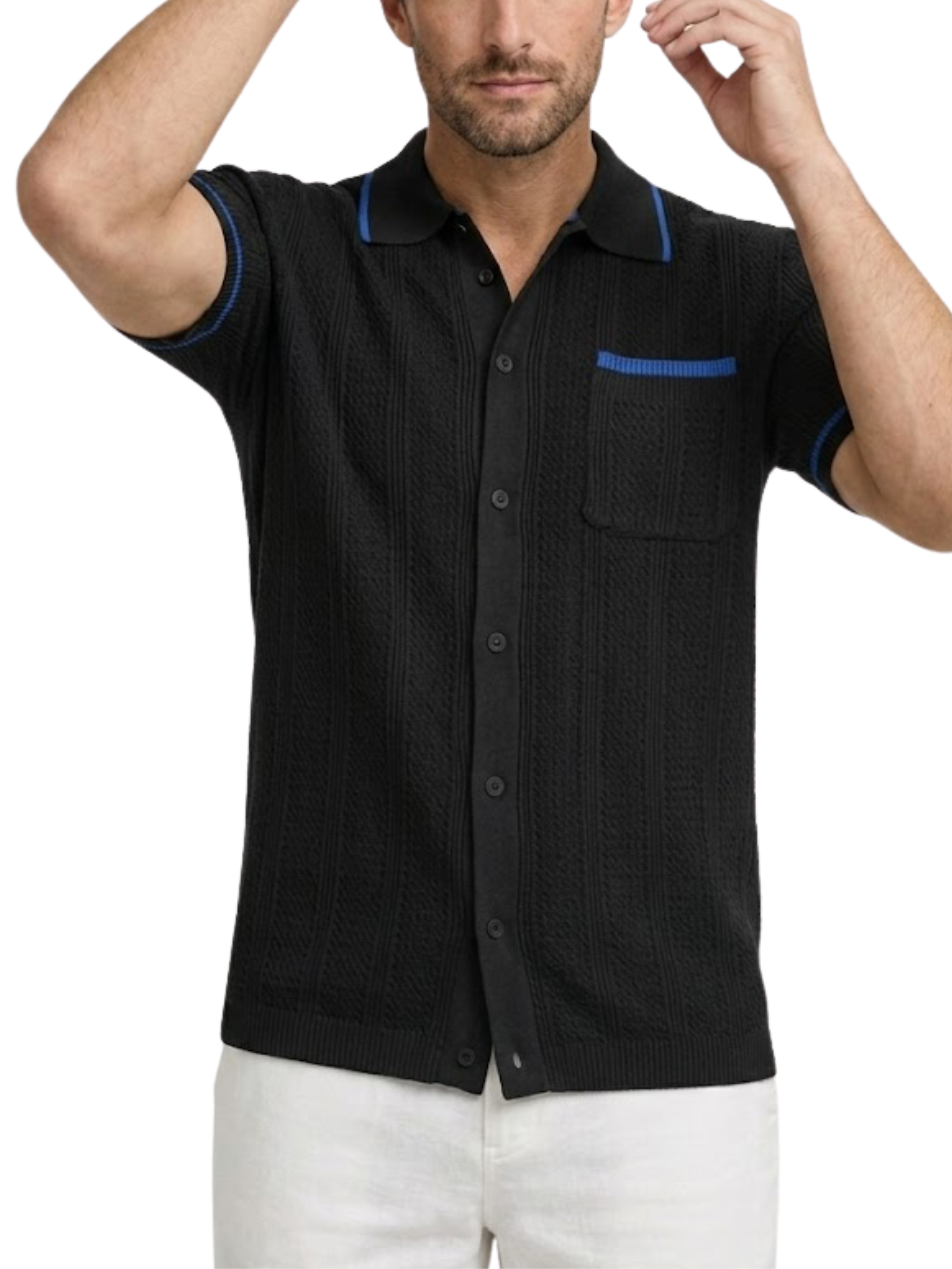 Men's Openwork Knit Short Sleeve Camp Collar Button-Front Shirt with Contrast Trim