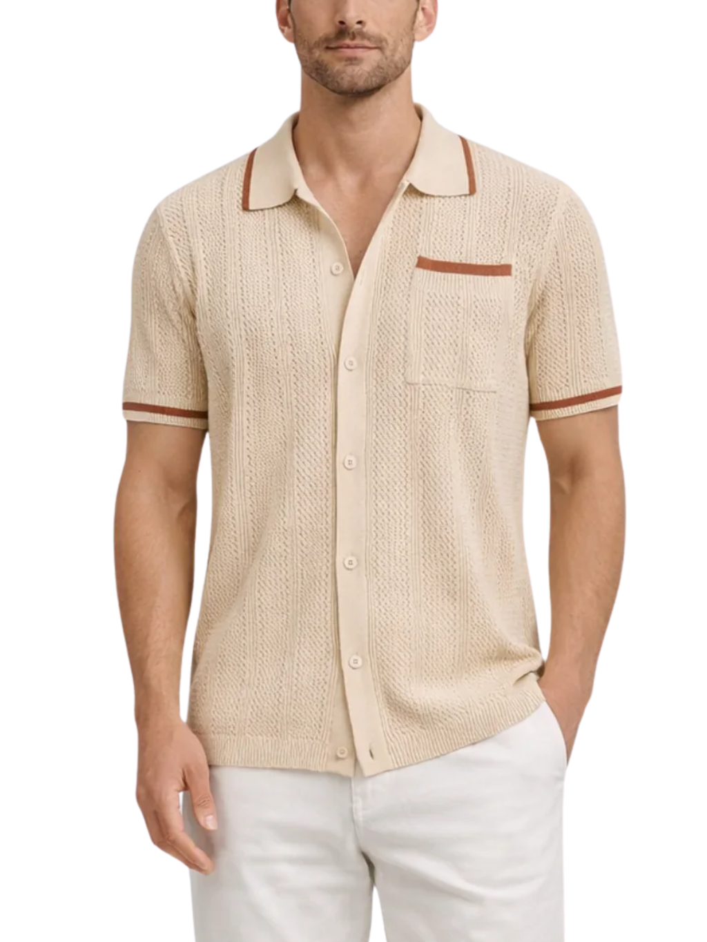 Men's Openwork Knit Short Sleeve Camp Collar Button-Front Shirt with Contrast Trim