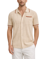Men's Openwork Knit Short Sleeve Camp Collar Button-Front Shirt with Contrast Trim