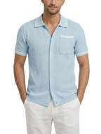 Men's Openwork Knit Short Sleeve Camp Collar Button-Front Shirt with Contrast Trim
