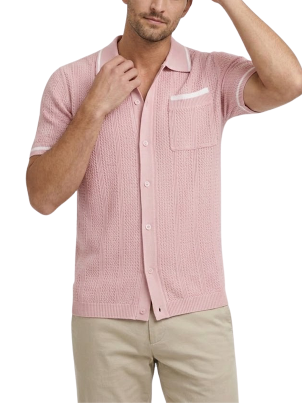 Men's Openwork Knit Short Sleeve Camp Collar Button-Front Shirt with Contrast Trim