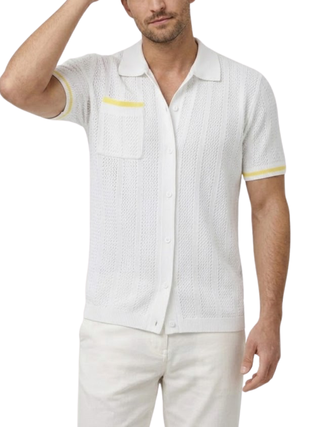 Men's Openwork Knit Short Sleeve Camp Collar Button-Front Shirt with Contrast Trim