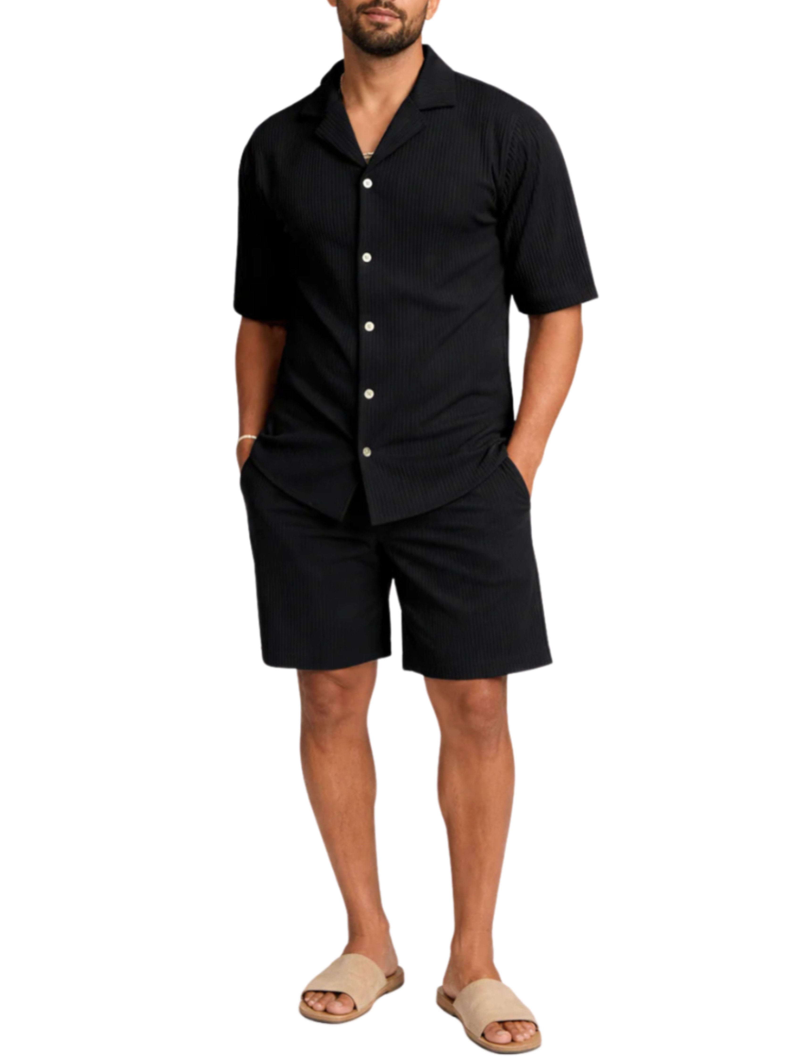 Men's Ribbed Plissé Short Sleeve Camp Collar Gold Button Front Shirt and Above Knee Shorts Co-Ord Set
