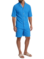Men's Ribbed Plissé Short Sleeve Camp Collar Gold Button Front Shirt and Above Knee Shorts Co-Ord Set