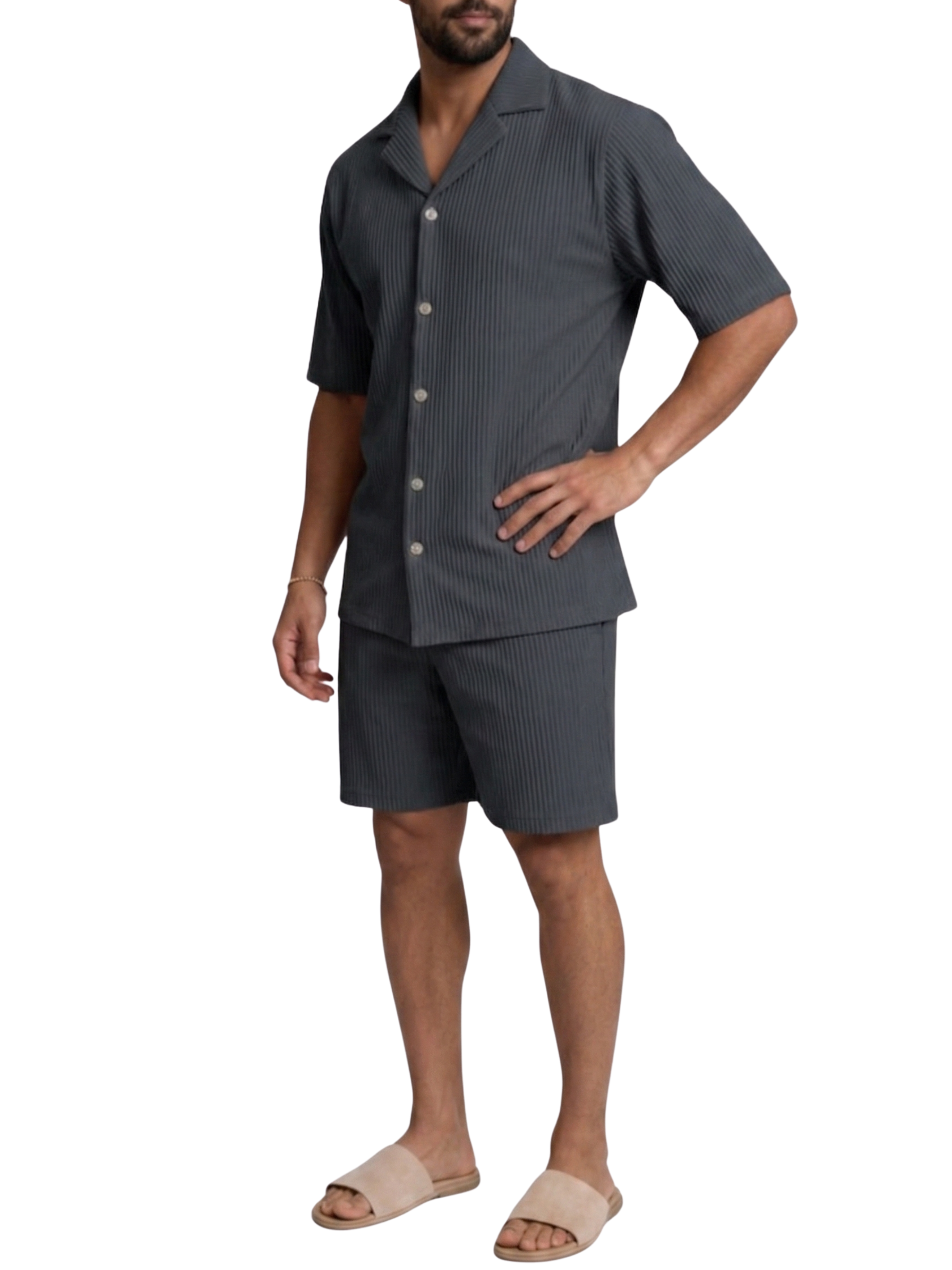 Men's Ribbed Plissé Short Sleeve Camp Collar Gold Button Front Shirt and Above Knee Shorts Co-Ord Set