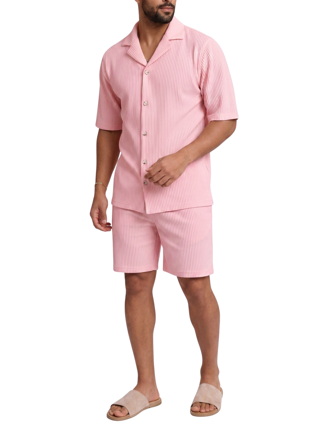 Men's Ribbed Plissé Short Sleeve Camp Collar Gold Button Front Shirt and Above Knee Shorts Co-Ord Set