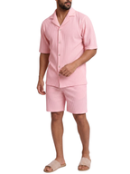 Men's Ribbed Plissé Short Sleeve Camp Collar Gold Button Front Shirt and Above Knee Shorts Co-Ord Set