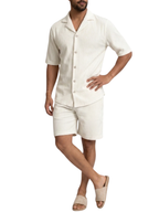 Men's Ribbed Plissé Short Sleeve Camp Collar Gold Button Front Shirt and Above Knee Shorts Co-Ord Set
