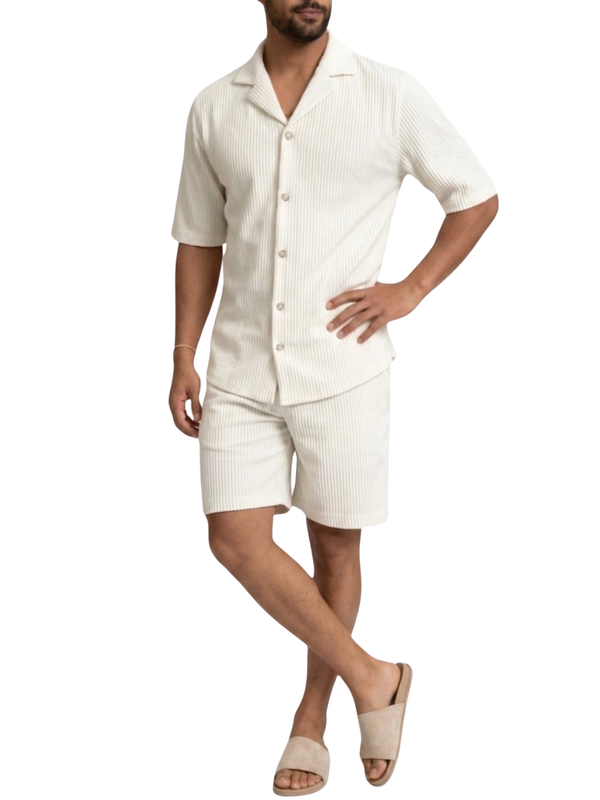 Men's Ribbed Plissé Short Sleeve Camp Collar Gold Button Front Shirt and Above Knee Shorts Co-Ord Set