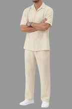 Men's Textured Vertical Stripe Short Sleeve Camp Collar Button Front Shirt and Straight Leg Trousers Co-Ord Set