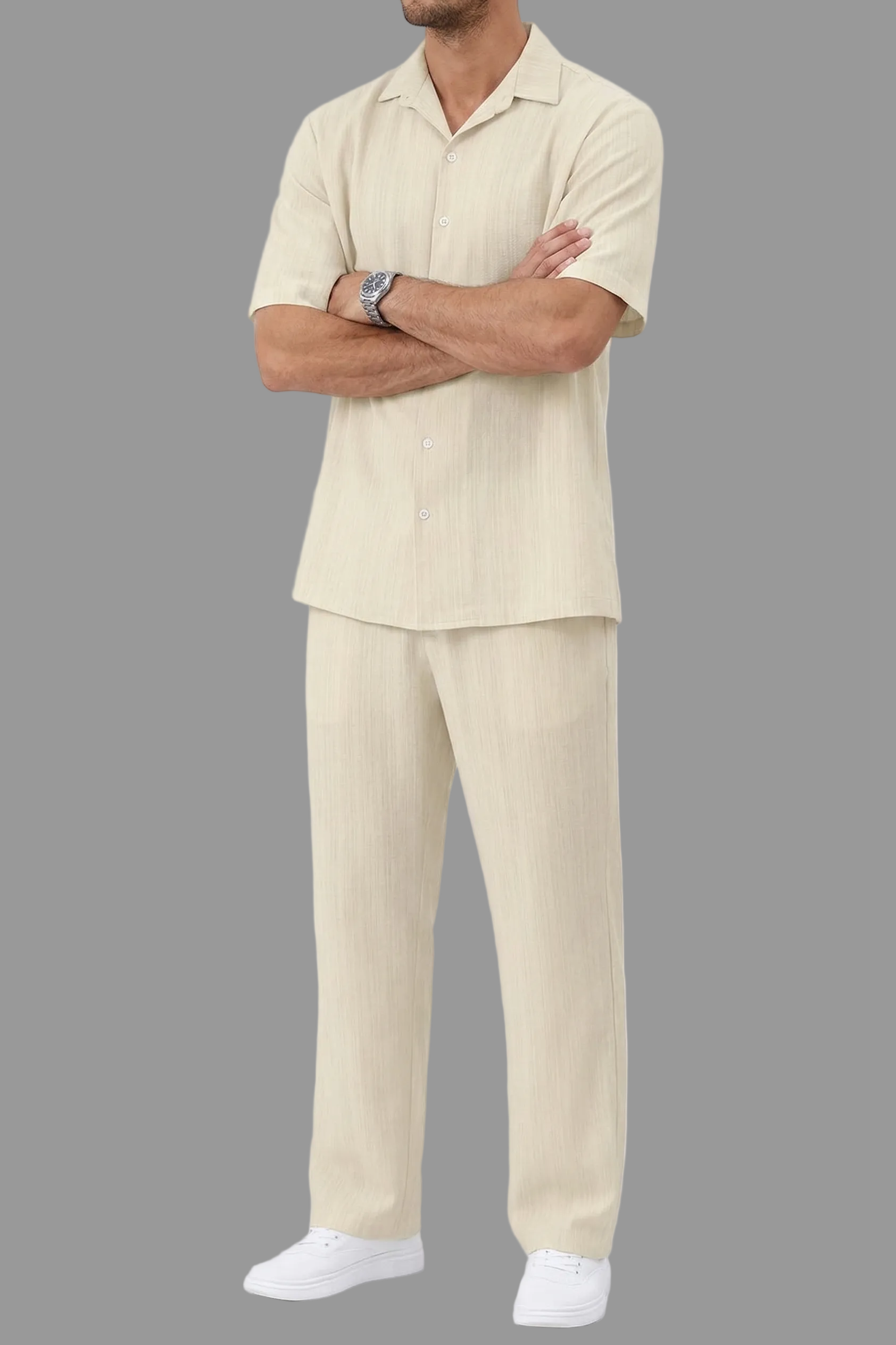 Men's Textured Vertical Stripe Short Sleeve Camp Collar Button Front Shirt and Straight Leg Trousers Co-Ord Set