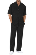 Men's Textured Vertical Stripe Short Sleeve Camp Collar Button Front Shirt and Straight Leg Trousers Co-Ord Set