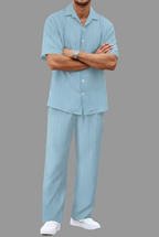 Men's Textured Vertical Stripe Short Sleeve Camp Collar Button Front Shirt and Straight Leg Trousers Co-Ord Set