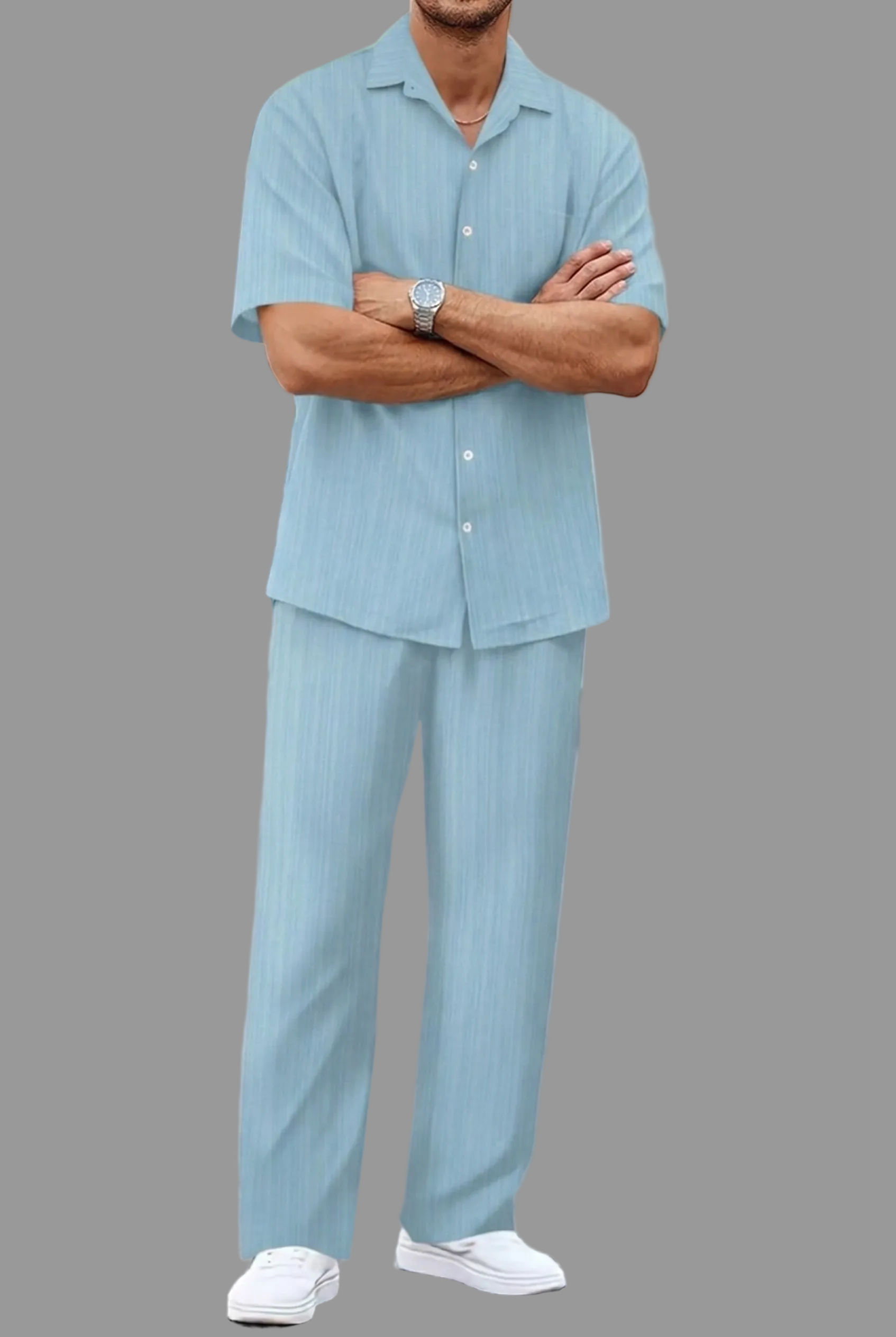 Men's Textured Vertical Stripe Short Sleeve Camp Collar Button Front Shirt and Straight Leg Trousers Co-Ord Set