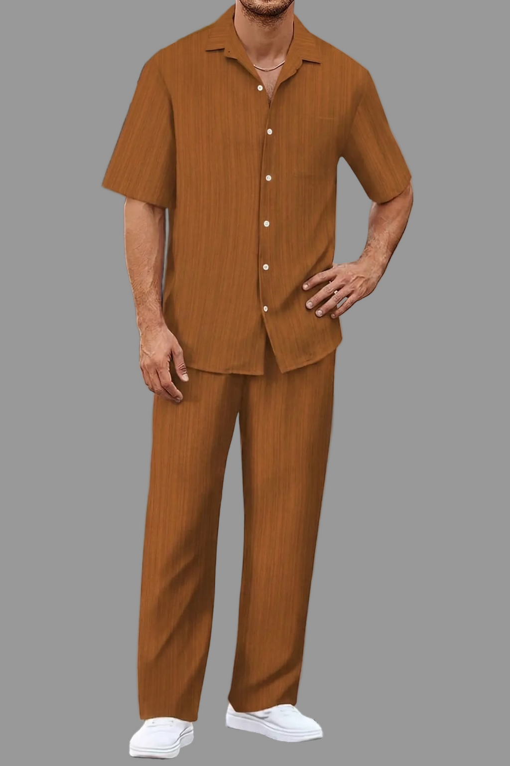Men's Textured Vertical Stripe Short Sleeve Camp Collar Button Front Shirt and Straight Leg Trousers Co-Ord Set
