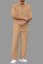 Men's Textured Vertical Stripe Short Sleeve Camp Collar Button Front Shirt and Straight Leg Trousers Co-Ord Set