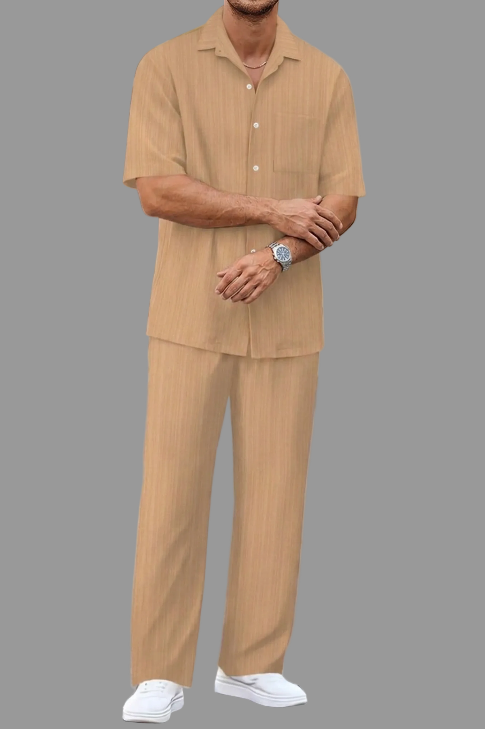 Men's Textured Vertical Stripe Short Sleeve Camp Collar Button Front Shirt and Straight Leg Trousers Co-Ord Set