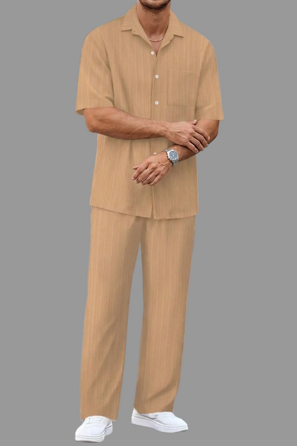 Men's Textured Vertical Stripe Short Sleeve Camp Collar Button Front Shirt and Straight Leg Trousers Co-Ord Set