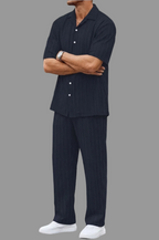 Men's Textured Vertical Stripe Short Sleeve Camp Collar Button Front Shirt and Straight Leg Trousers Co-Ord Set