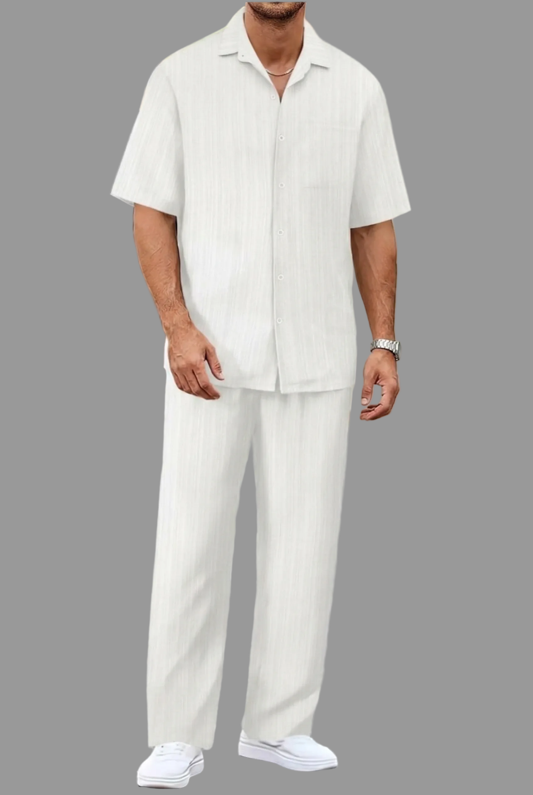 Men's Textured Vertical Stripe Short Sleeve Camp Collar Button Front Shirt and Straight Leg Trousers Co-Ord Set