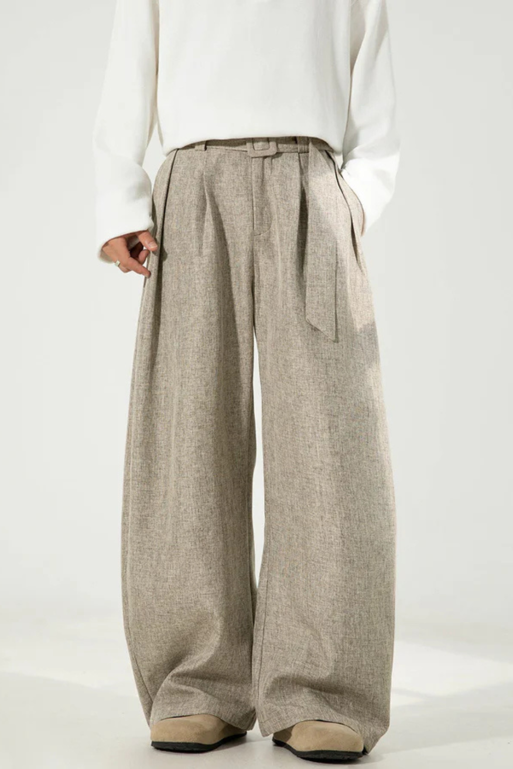 Men's Wool Blend High Waist Double Pleat Wide Leg Belted Straight Hem Trousers