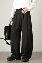 Men's Wool Blend High Waist Double Pleat Wide Leg Belted Straight Hem Trousers