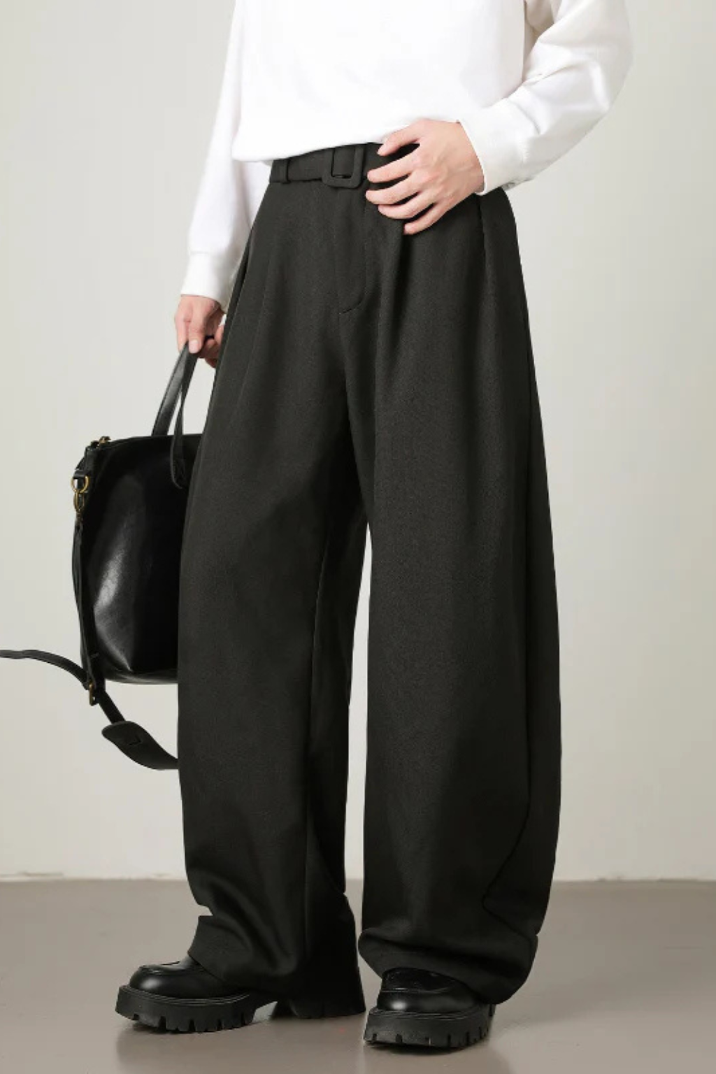 Men's Wool Blend High Waist Double Pleat Wide Leg Belted Straight Hem Trousers