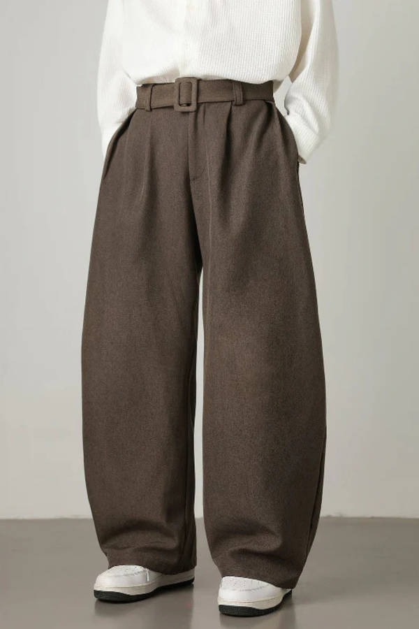 Men's Wool Blend High Waist Double Pleat Wide Leg Belted Straight Hem Trousers