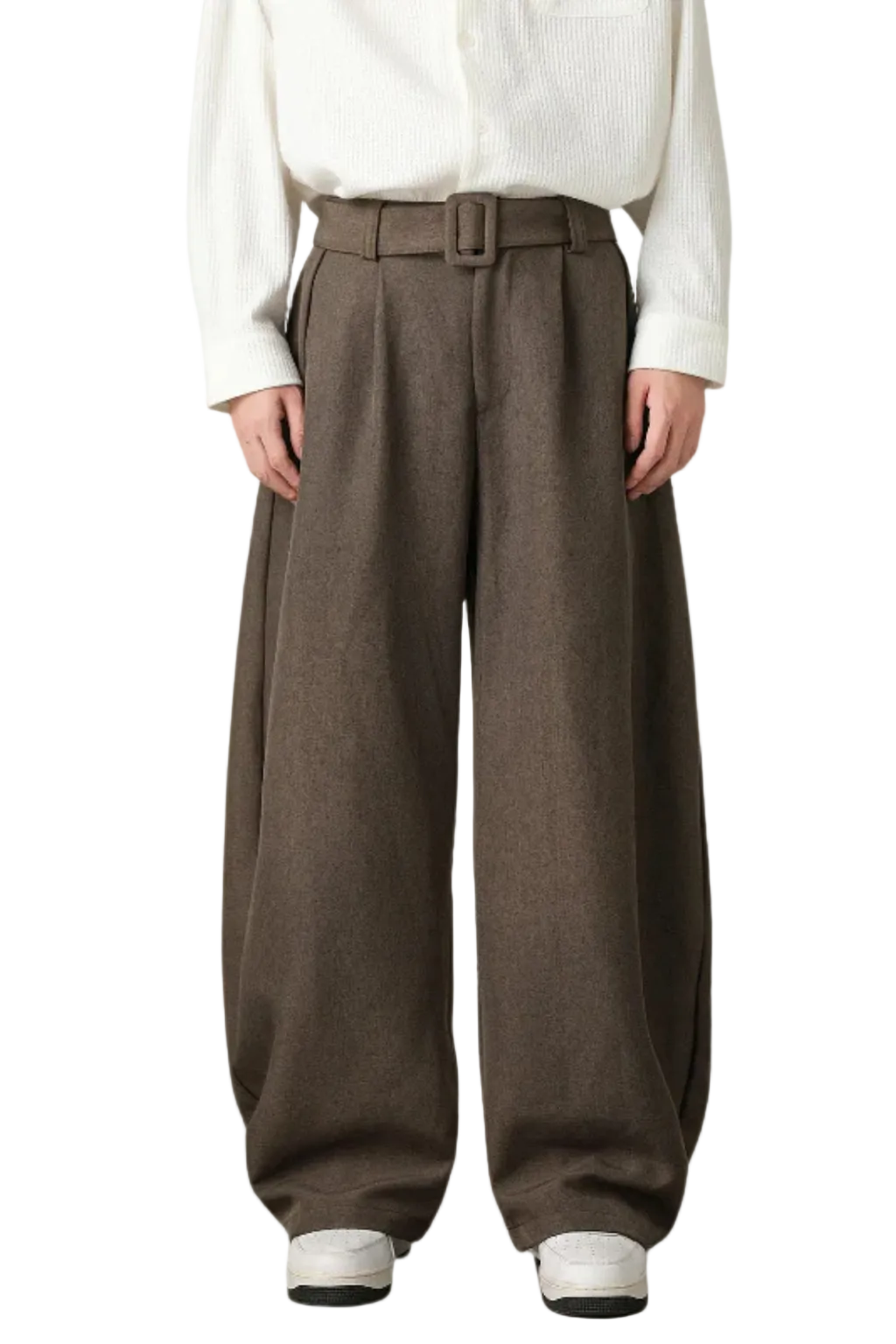 Men's Wool Blend High Waist Double Pleat Wide Leg Belted Straight Hem Trousers