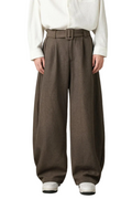 Men's Wool Blend High Waist Double Pleat Wide Leg Belted Straight Hem Trousers