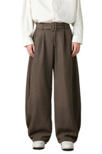 Men's Wool Blend High Waist Double Pleat Wide Leg Belted Straight Hem Trousers